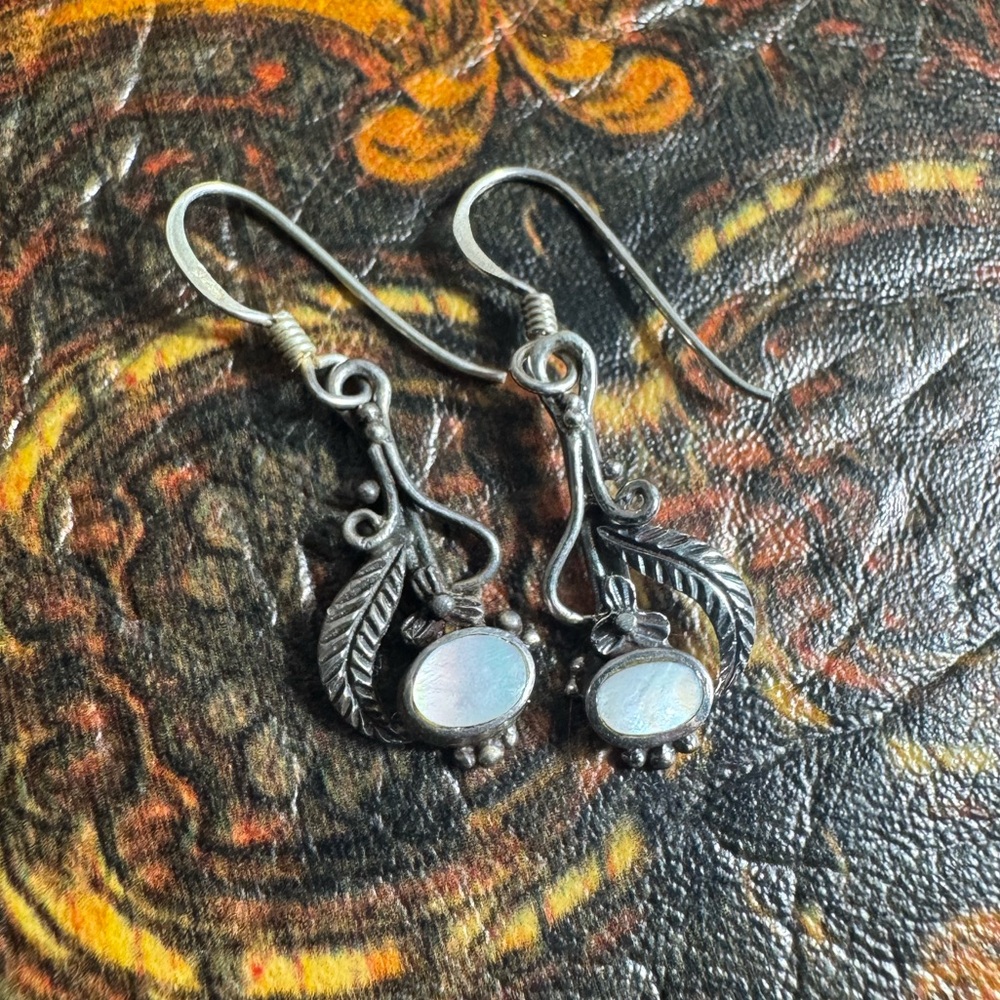Vintage Sterling Silver Opal Feather Leaf Dangle Earrings